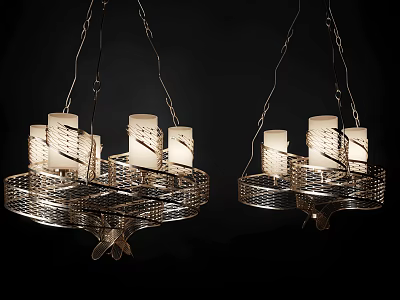 Modern Chandeliers with Metallic Woven Frame White Cylindrical Shades Lit Up 3d model
