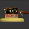 Open Red Decorative Box With Broom On Green Base With Golden Edge