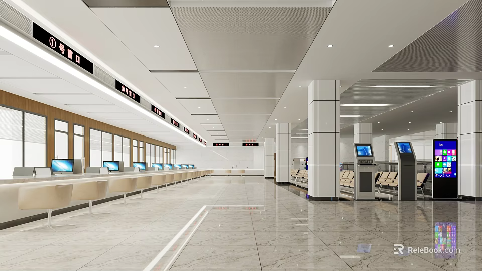 Modern Service Hall Interior With Counters Self Service Kiosks And Digital Screens 3d model 