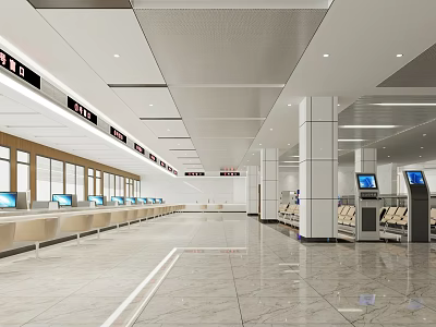 Modern Service Hall Interior With Counters Self Service Kiosks And Digital Screens 3d model