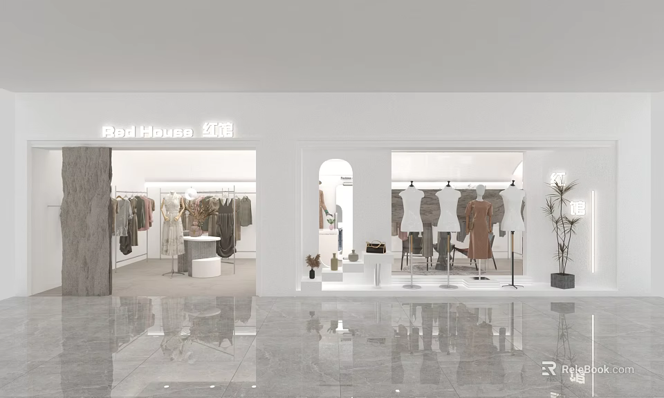 Modern RedHouse Clothing Store Interior With Mannequins Clothes Racks And Display Shelves 3d model 