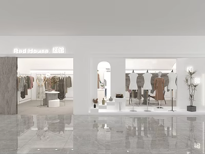 Modern RedHouse Clothing Store Interior With Mannequins Clothes Racks And Display Shelves 3d model