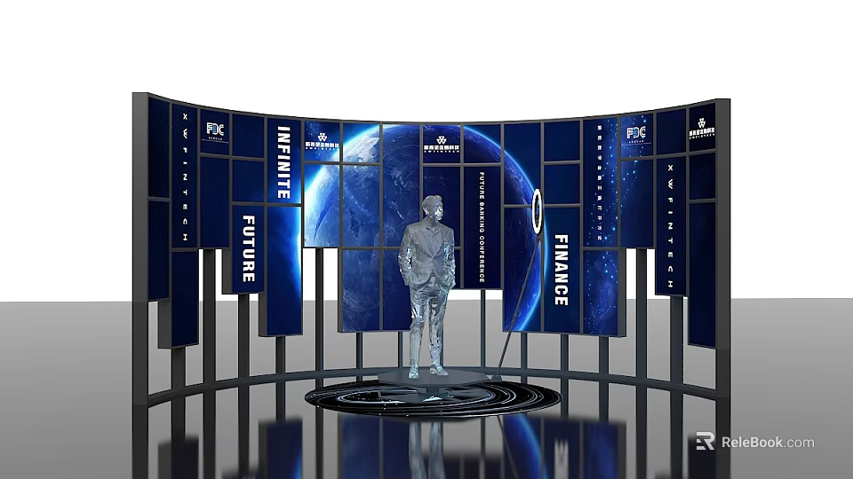 Future Themed Photo Check In Spot With Curved Screens Blue Earth And Silver Sculpture 3d model 
