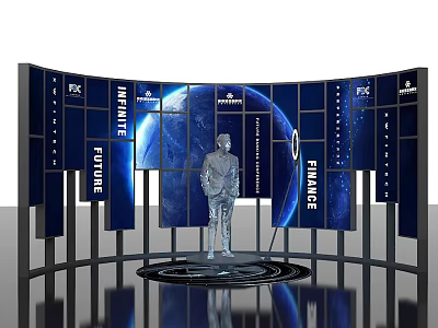 Future Themed Photo Check In Spot With Curved Screens Blue Earth And Silver Sculpture 3d model