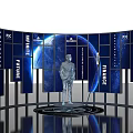 Future Themed Photo Check In Spot With Curved Screens Blue Earth And Silver Sculpture