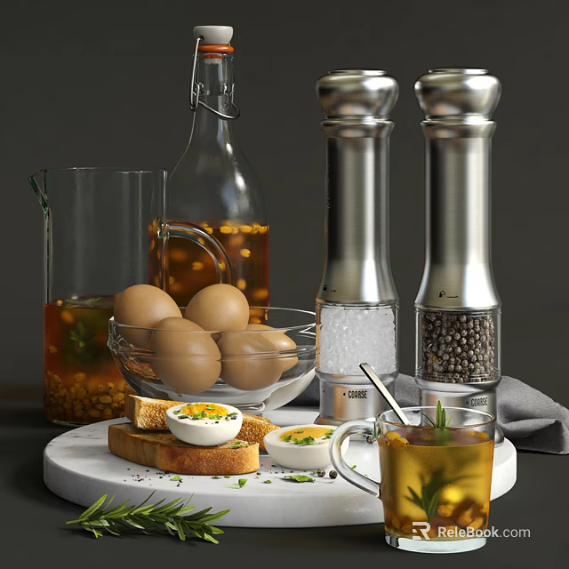 Fresh Breakfast Spread With Boiled Eggs Toast Tea And Salt Pepper Shakers 3d model 