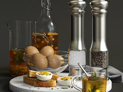 Fresh Breakfast Spread With Boiled Eggs Toast Tea And Salt Pepper Shakers 3d model