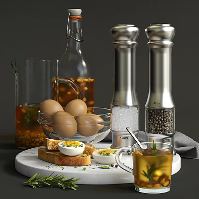 Fresh Breakfast Spread With Boiled Eggs Toast Tea And Salt Pepper Shakers 3d model