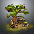 Cartoon Forest Scene With Big Tree Green Leaves Table Jars Fire Pit And Tree Roots 3d model