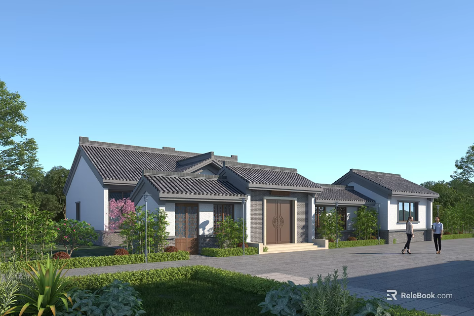 Traditional Chinese Detached Villa Exterior With Grey Tiles White Walls And Courtyard Garden Greenery 3d model 