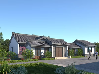 Traditional Chinese Detached Villa Exterior With Grey Tiles White Walls And Courtyard Garden Greenery 3d model