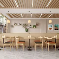 Cozy Restaurant Interior With Wooden Slat Ceiling Tables Chairs Green Plants And Posters
