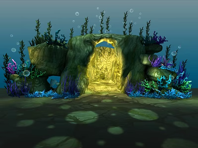 Cartoon Underwater Scene With Rock Archway Glowing Statue And Colorful Coral Seaweed Bubbles 3d model