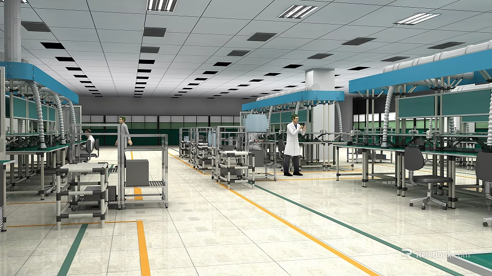 Spacious Industrial Factory Workshop With Production Lines And Workers Operating Equipment 3d model 