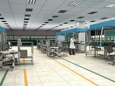 Spacious Industrial Factory Workshop With Production Lines And Workers Operating Equipment 3d model