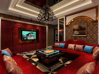 Elegant KTV Lounge Interior With Red Sofas Coffee Table TV Chandelier And Decorative Painting 3d model