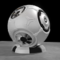 Modern Tech Inspired Spherical Silver White Sculpture With Black Circular Accents And Metallic Base