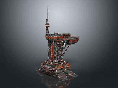 Cartoon Scene Futuristic Tower With Multi level Structure Platforms Antenna And Decorative Lights 3d model