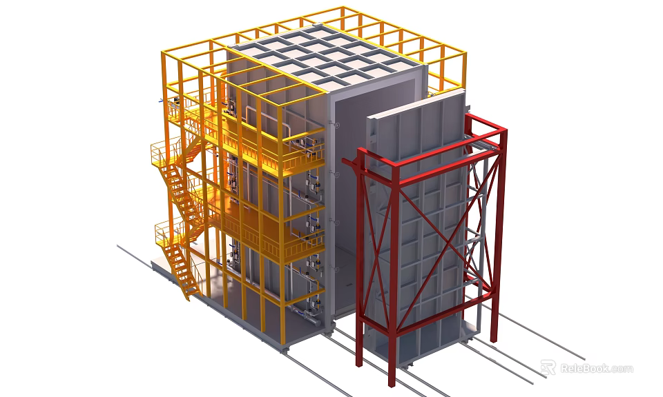 Heavy Duty Industrial Equipment With Yellow Red Metal Frames Multi Level Structure And Staircases 3d model 