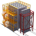 Heavy Duty Industrial Equipment With Yellow Red Metal Frames Multi Level Structure And Staircases