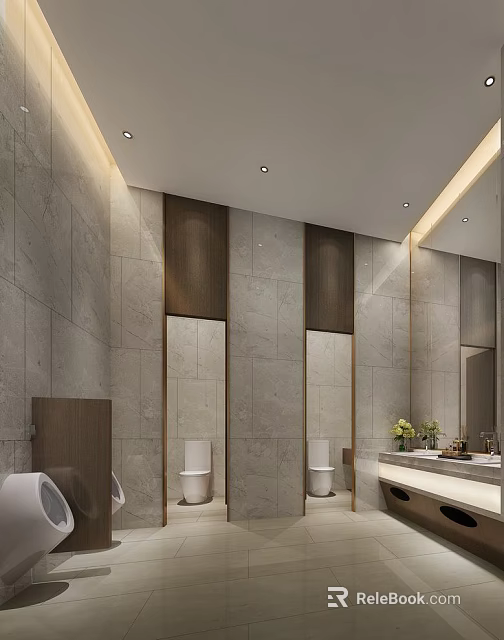 Modern Public Restroom Interior With Marble Walls Stalls Mirrors Sink And Green Plants 3d model 
