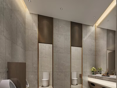 Modern Public Restroom Interior With Marble Walls Stalls Mirrors Sink And Green Plants 3d model