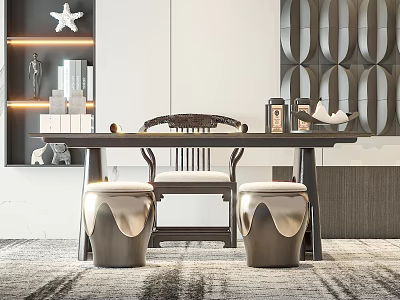 Tea Room Interior With Dark Wooden Table Woven Chair Metal Stools Bookshelf Circular Wall Decor 3d model