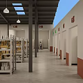 Spacious Open Market Interior With Rows Of Shelves Hanging Signs And People Shopping