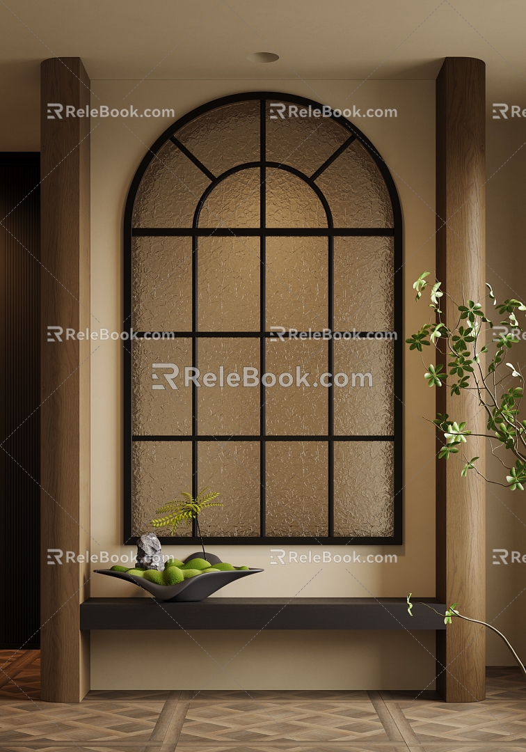 Middle Ancient Entrance Partition Glass Window Moss Bonsai 3d model