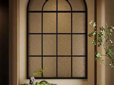 Elegant Restaurant Interior Design With Arched Frosted Glass Window Black Panes And Green Plants 3d model