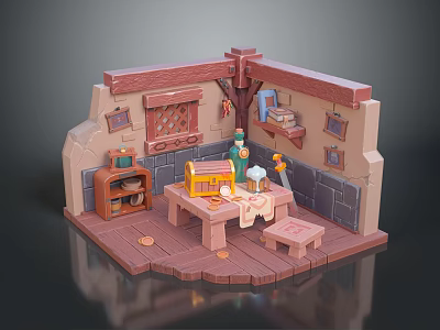Scenic Landscape View Through Medieval Room Window With Wooden Table And Shelves 3d model