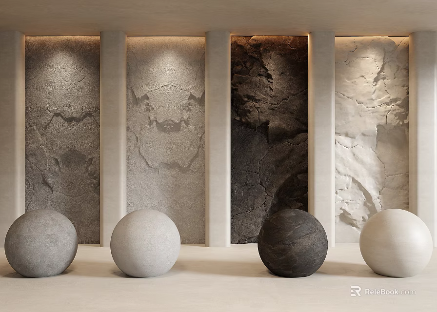 Background Wall With Four Textured Panels And Colored Spheres In Front 3d model 