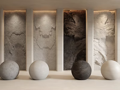 Background Wall With Four Textured Panels And Colored Spheres In Front 3d model