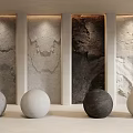 Background Wall With Four Textured Panels And Colored Spheres In Front 3d model