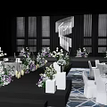 Elegant Stage Floral Display With White Purple Blooms Geometric Backdrop Gray Curtains And Tables