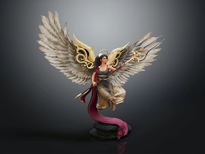Elegant Mythical Female Angelic Figure With Golden Feathered Wings Spear And Red Cloak 3d model