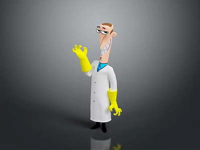 Cartoon Scientist Character Waving Hand With Yellow Gloves And Friendly Creature 3d model