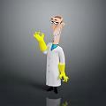 Cartoon Scientist Character Waving Hand With Yellow Gloves And Friendly Creature