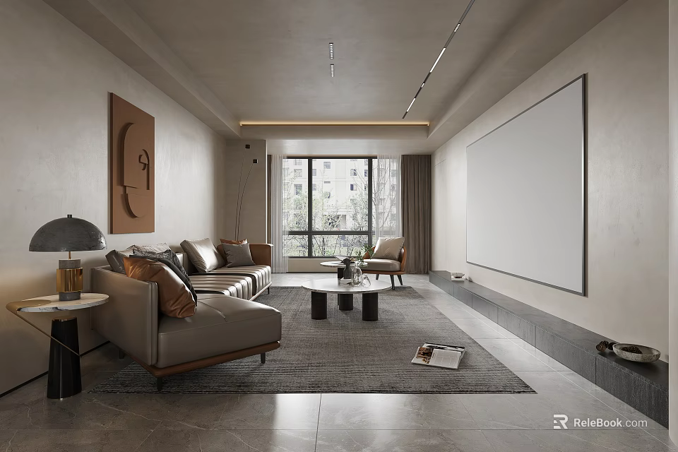 Modern Living And Dining Room Interior With Sofa Coffee Table Decorative Art And Large Windows 3d model 