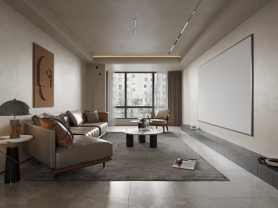Modern Living And Dining Room Interior With Sofa Coffee Table Decorative Art And Large Windows 3d model