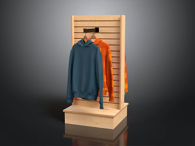 Wooden Display Rack With Blue And Orange Hoodies On Stand 3d model