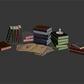 Vintage Books and Stacked Magazines with Open Pages and Various Colored Covers