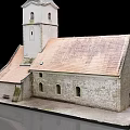Detailed Church Model Featuring Red Roof Stone Walls Steeple and Cross Windows