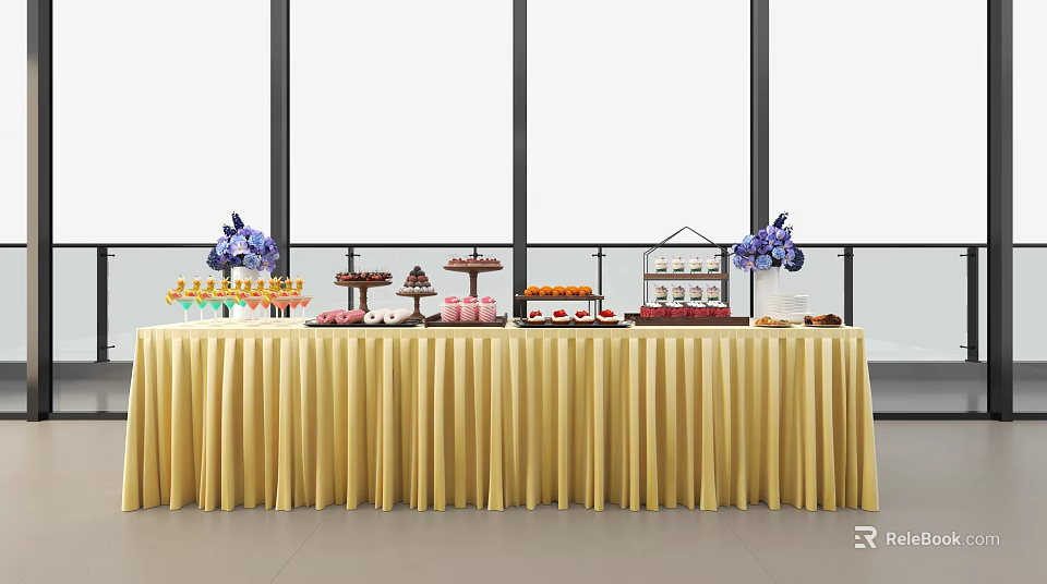 Elegant Coffee Break Area Featuring Yellow Tablecloth Assorted Desserts Drinks And Purple Flowers 3d model 
