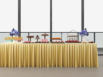 Elegant Coffee Break Area Featuring Yellow Tablecloth Assorted Desserts Drinks And Purple Flowers 3d model