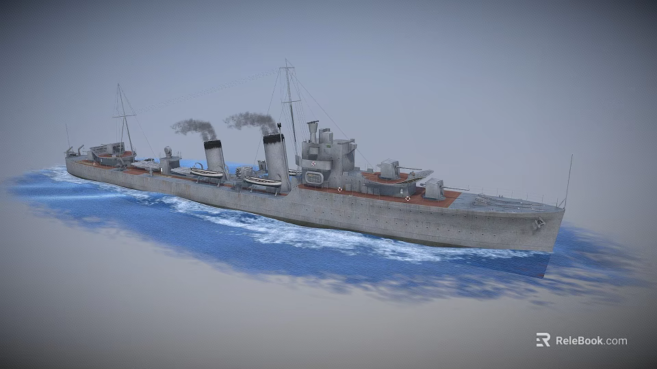 Old Warship Sailing on Blue Sea With Two Smoking Chimneys and Deck Structures 3d model 