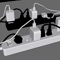 Black and White Switch Panels With Multiple Plugs And Chargers Connected On Surface 3d model
