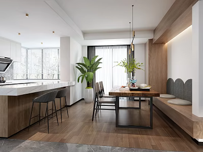 Modern Restaurant Open Kitchen Design With Wooden Elements Marble Countertop Pendant Lights And Green Plants 3d model