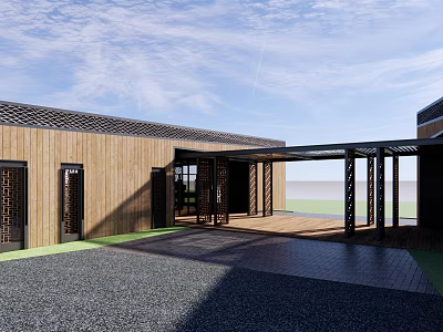 Modern Vacation Home With Wooden Exterior Black Frames Open Porch And Courtyard Under Blue Sky 3d model