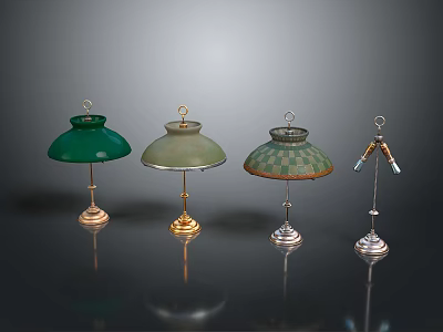 Chandeliers With Different Designs Green Light Green Plaid Pattern Shades Metal Bases Dark Background Reflections 3d model